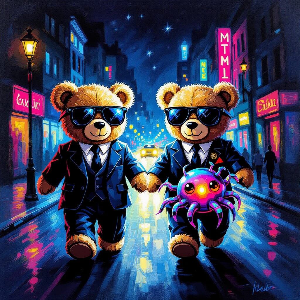 Teddy Bears in Black Pursue Alien on Neon Street