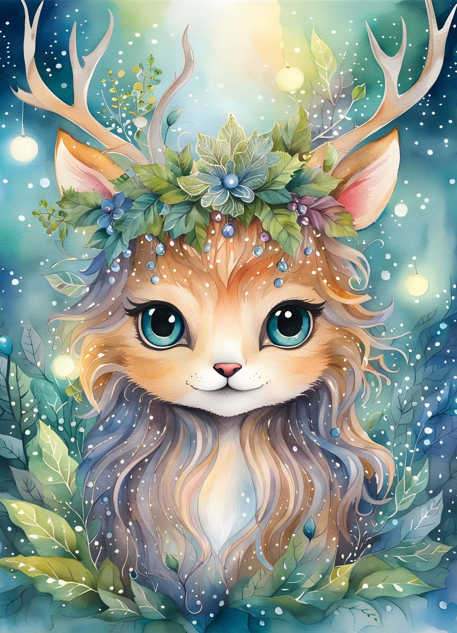 Watercolor Forest Spirit with Fairy Lights
