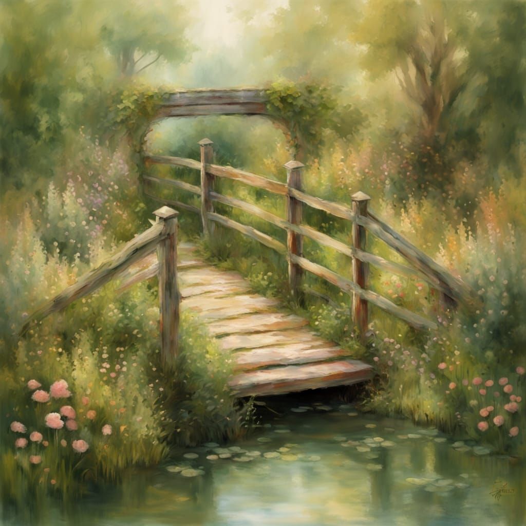 Whimsical Woodland Bridge in Impressionist Style