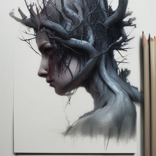 Tree Woman Portrait in Dark Fantasy Charcoal Art