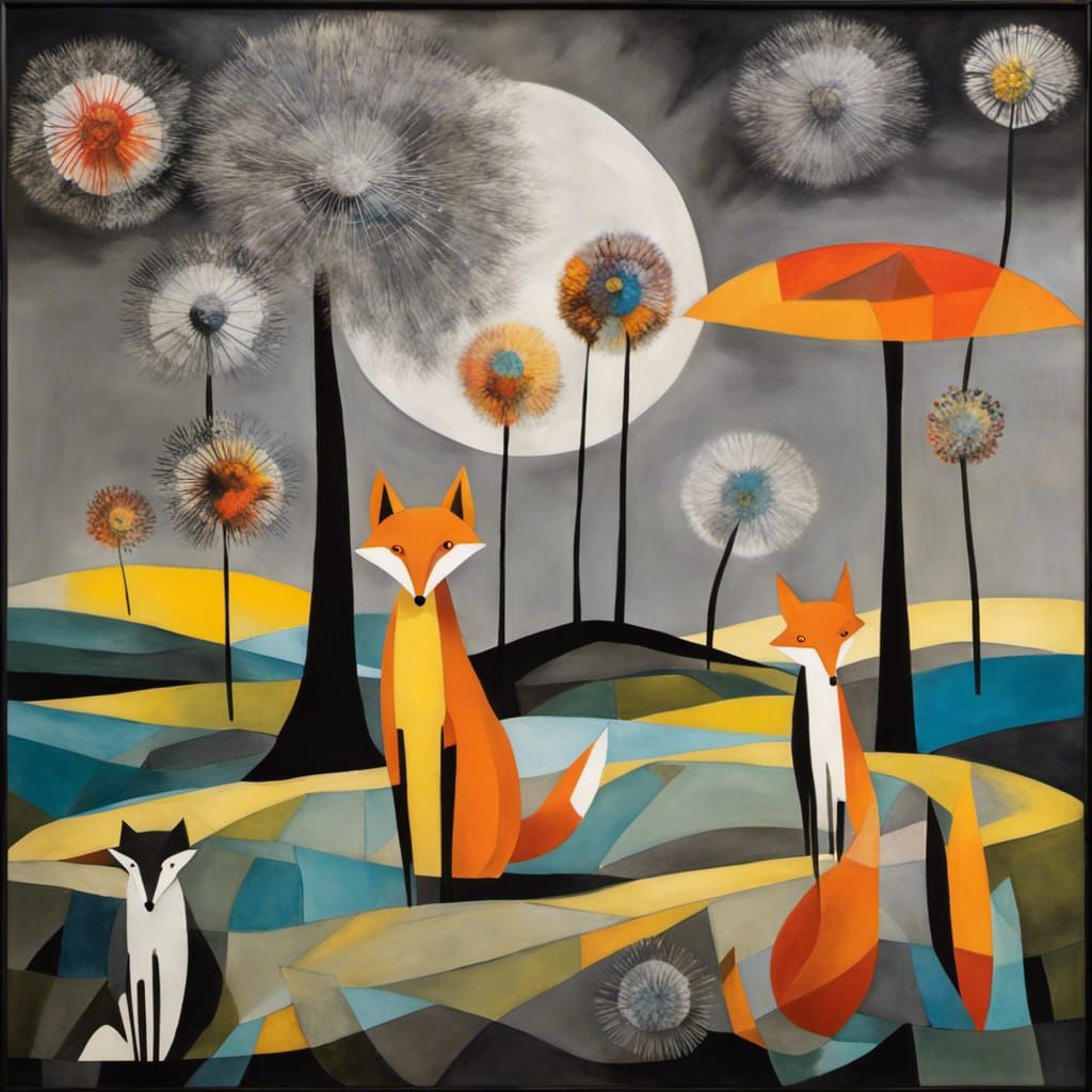 Fox Family in Dandelion Dreamscape, Surrealist Style