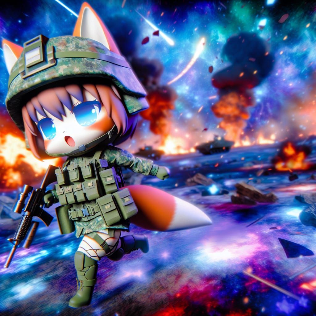 Chibi Fox in Battlefield: Hyper-Detailed Concept Art