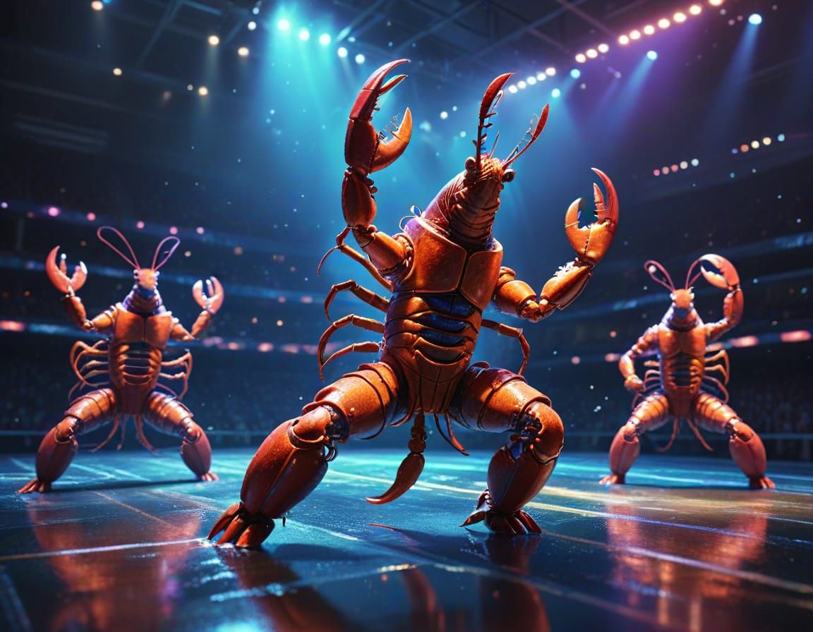 Anthropomorphic Lobster Gymnasts Perform Routine