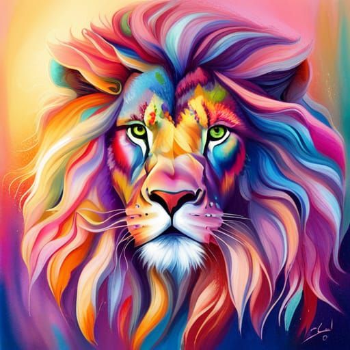 Lion with Floral Mane in Lisa Frank Style