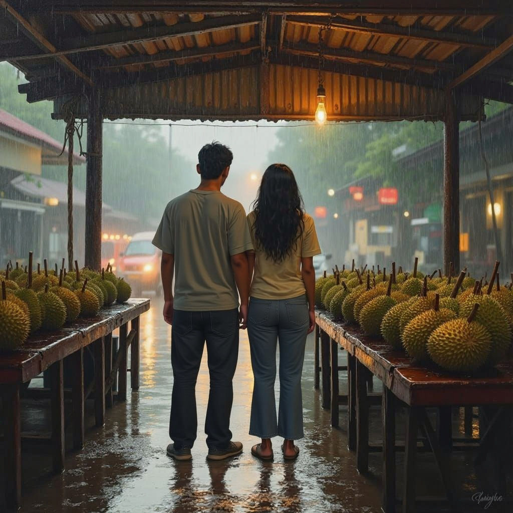 Durian Stall in Rain, Oil Painting by Gurney