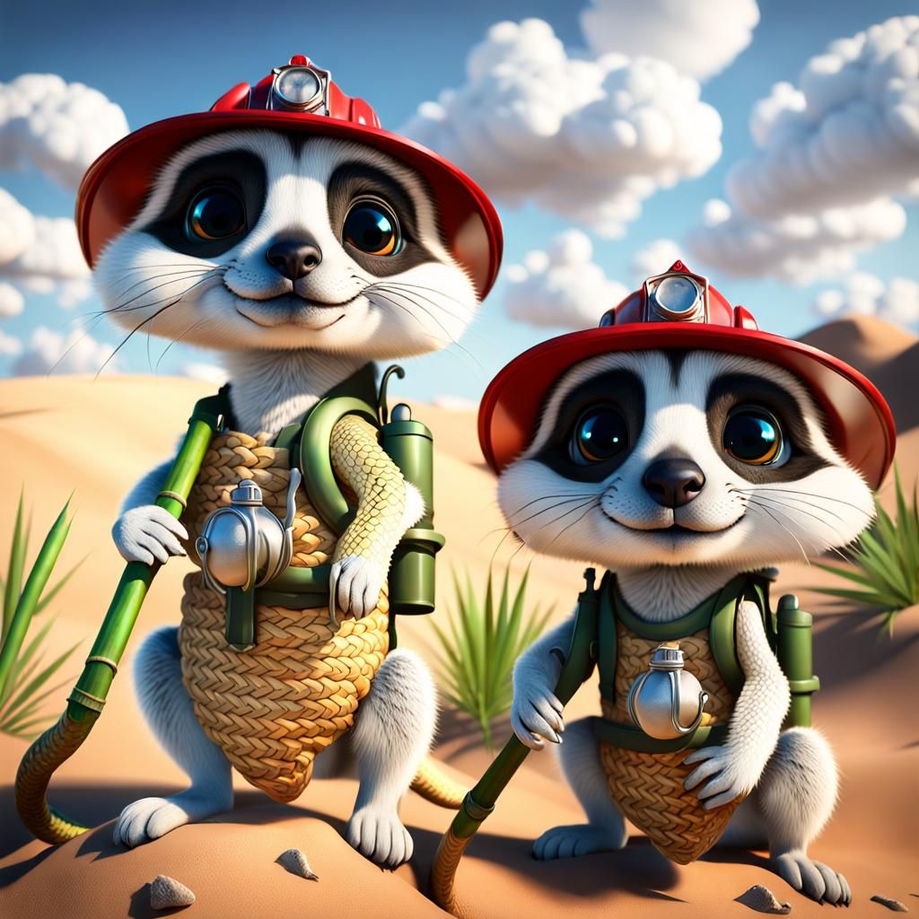 Meerkats as Firefighters Battle Snake, Detailed 3D Render