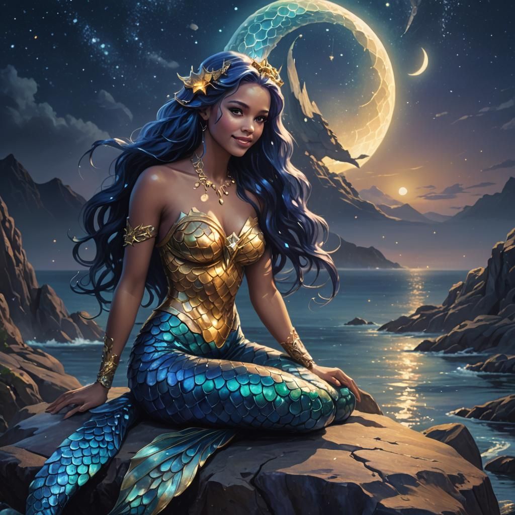 Cyber Mermaid on a Moonlit Night, Fantasy Art