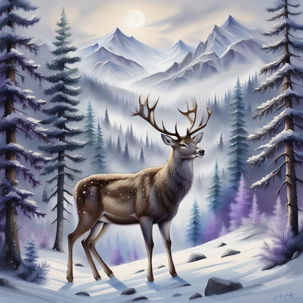Deer in Snowy Mountain Landscape as Atmospheric Painting