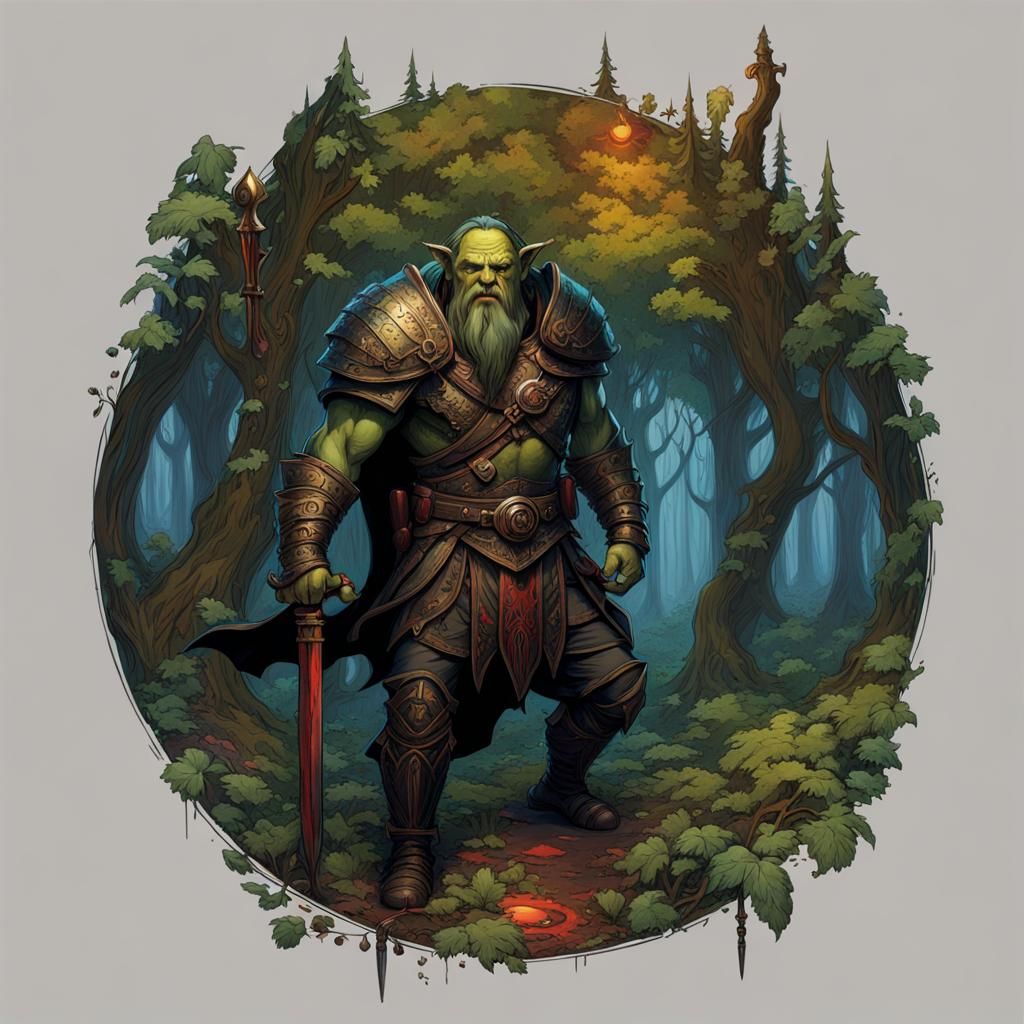 Orc Warrior in Forest, Waterhouse Style Fantasy