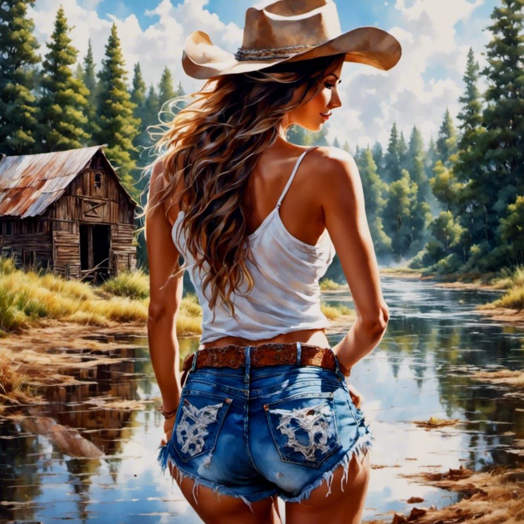 Gorgeous Cowgirl in Watercolor Style with Denim Shorts