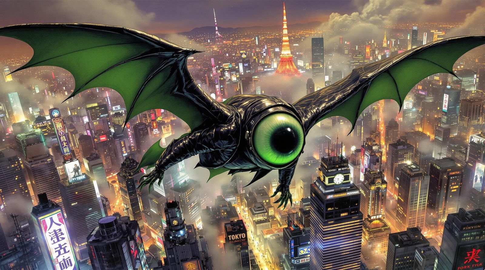 Giant Eyeball Bat Soaring Over Tokyo, Frazetta Style