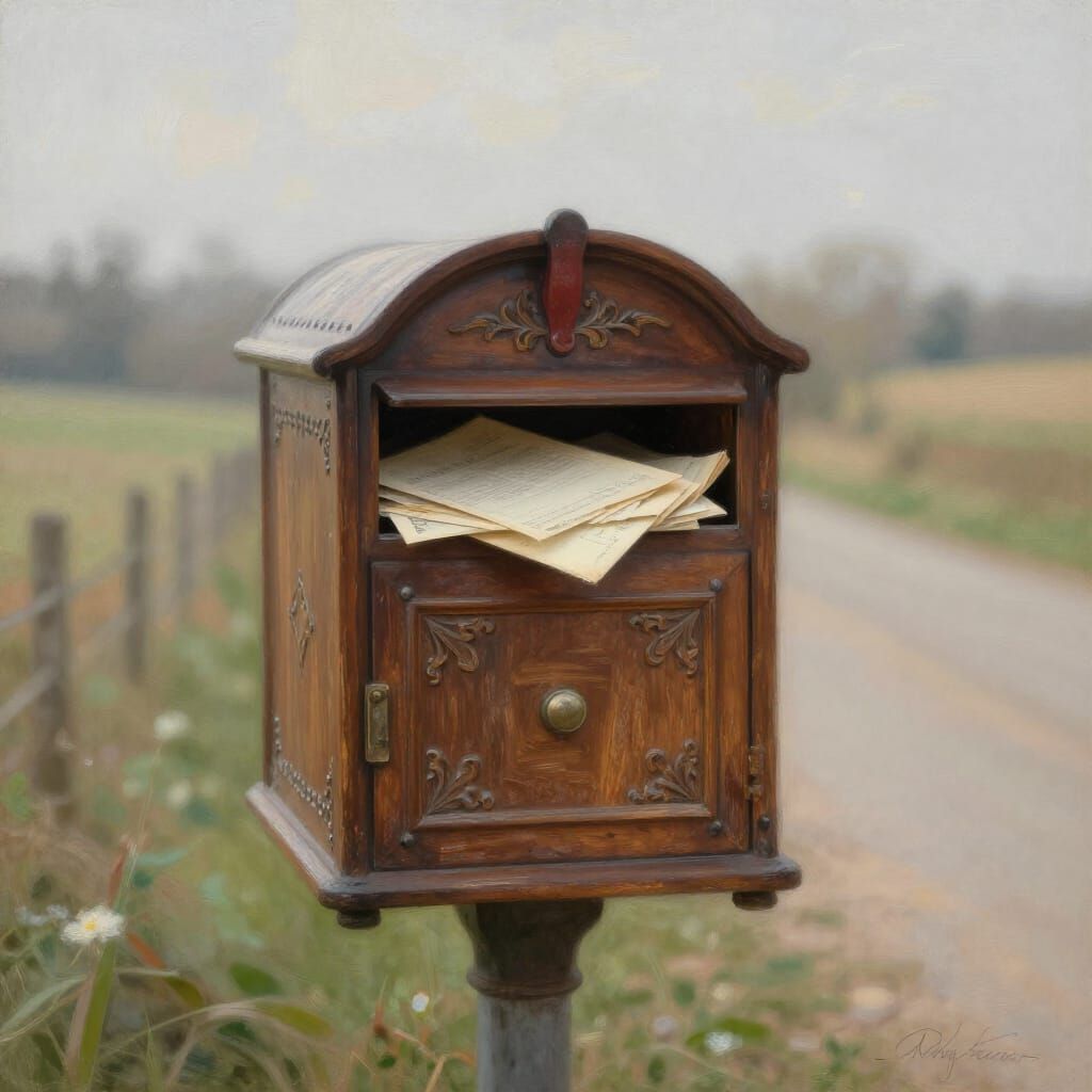 Antique Mailbox Overflowing with Letters in Hazy Countryside