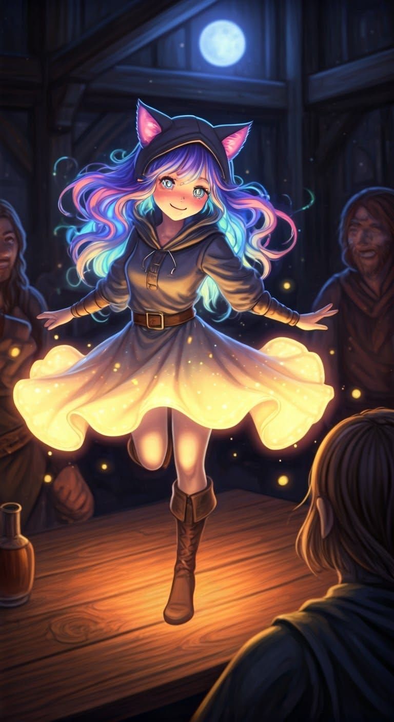 Luminous Fairy Nymph Dancing in Tavern, Digital Art
