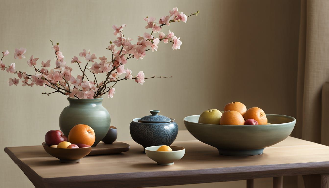 Traditional Japanese Tea Bowl and Fruit Still Life in Nihong...