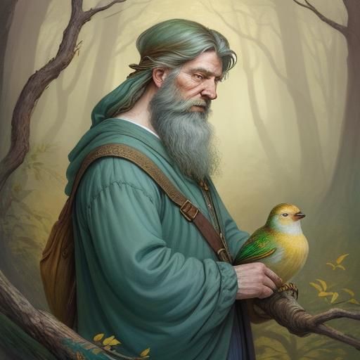 Colorful Bird with Long Beard in Watercolor Style