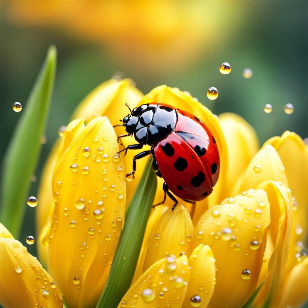 Ladybug on Tulip with Raindrops: Hyperrealistic Image