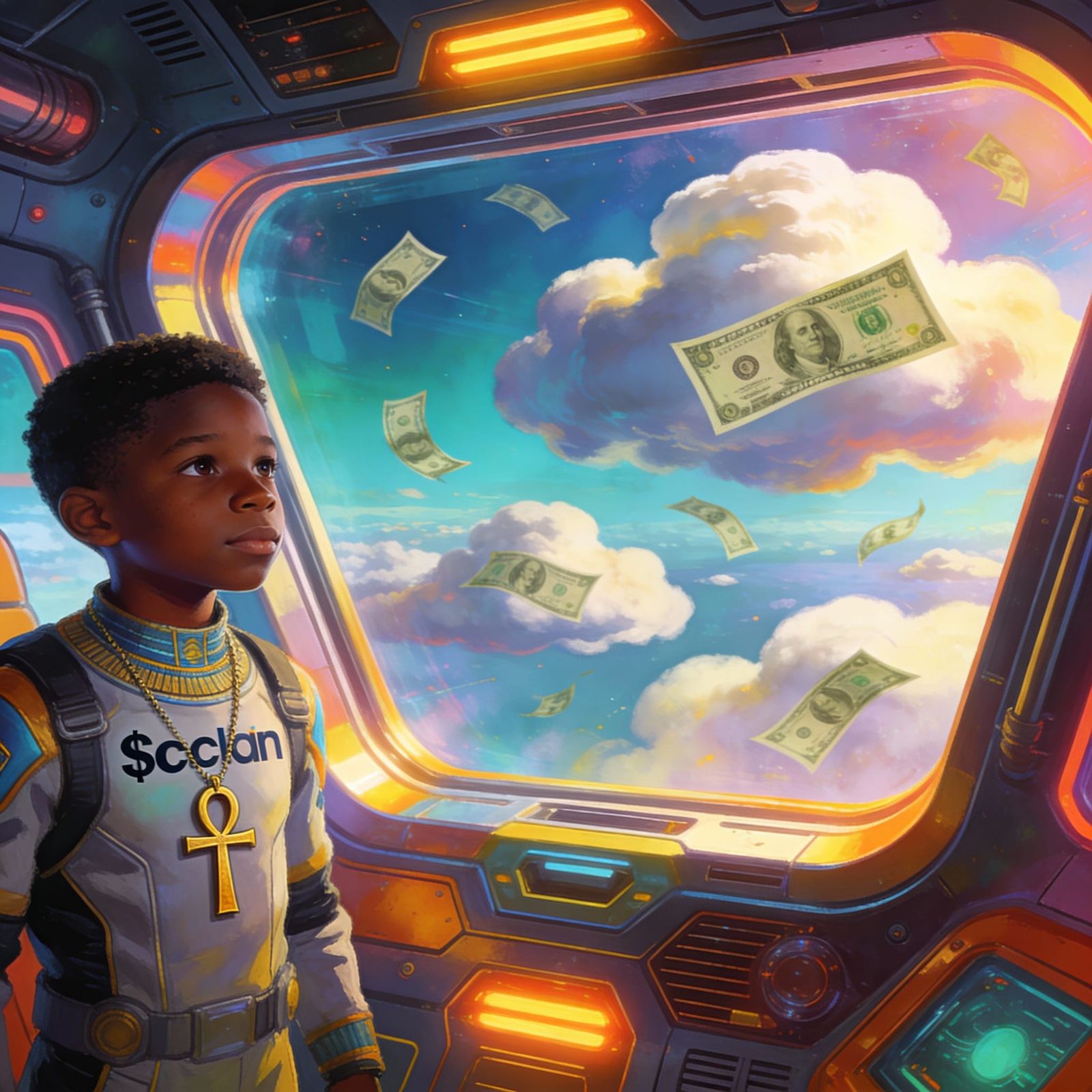 Futuristic Black Boy in Spaceship with Dollar Bill Clouds
