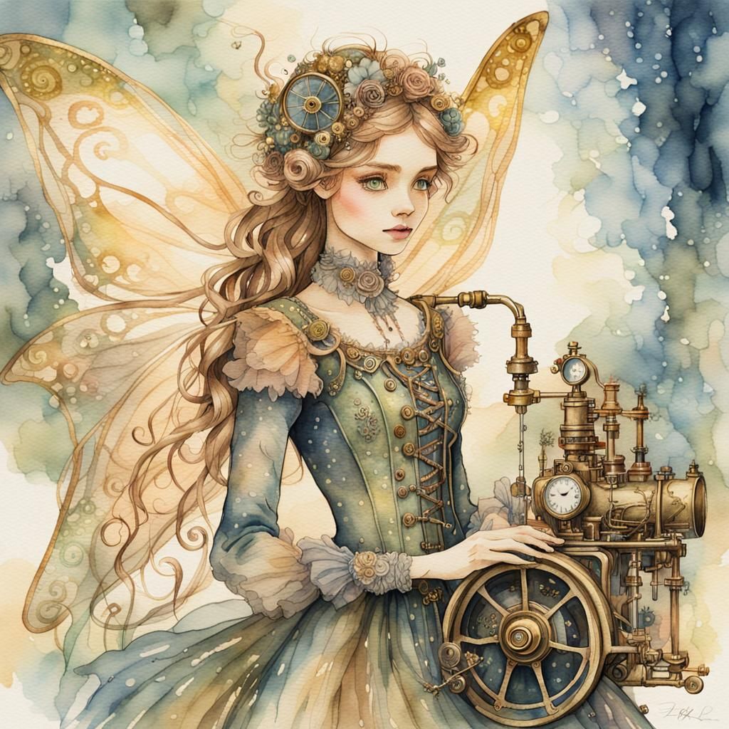 Ethereal Steampunk Fairy in Whimsical Watercolor