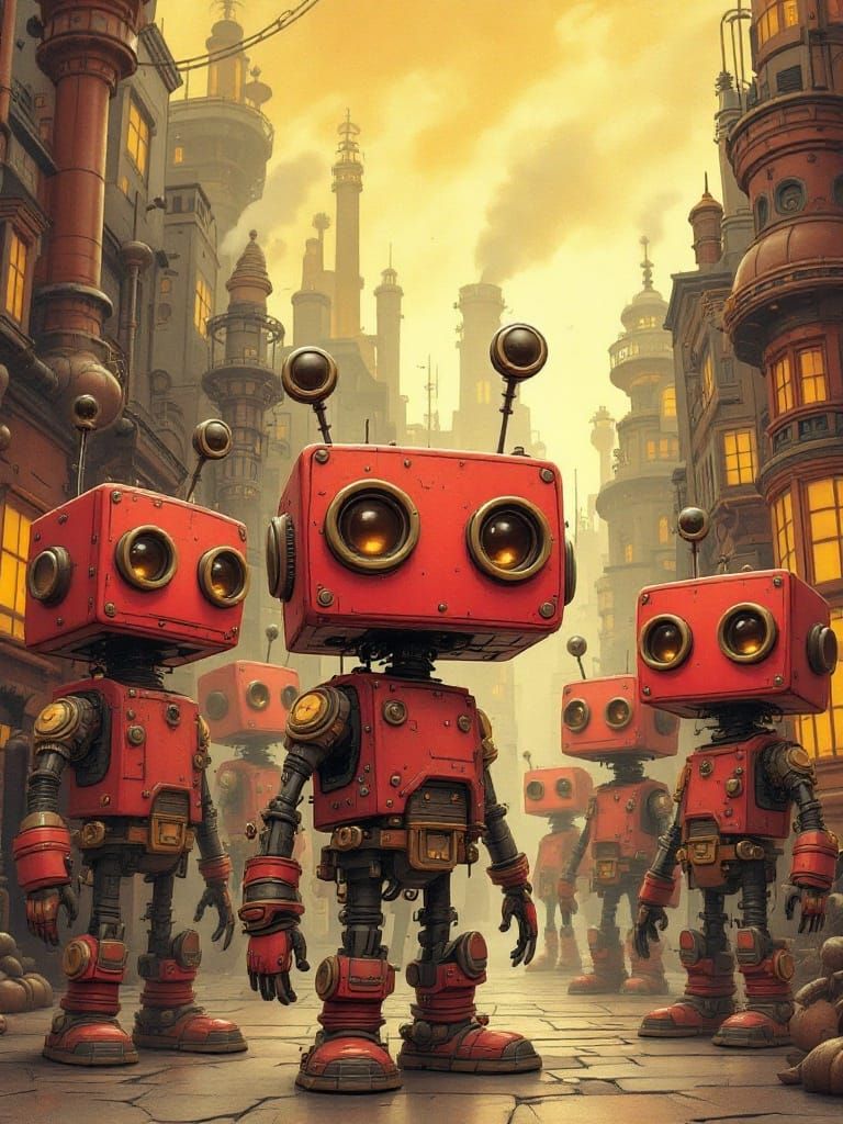 Whimsical Steampunk Robots Shine in Moebius-Inspired Citysca...