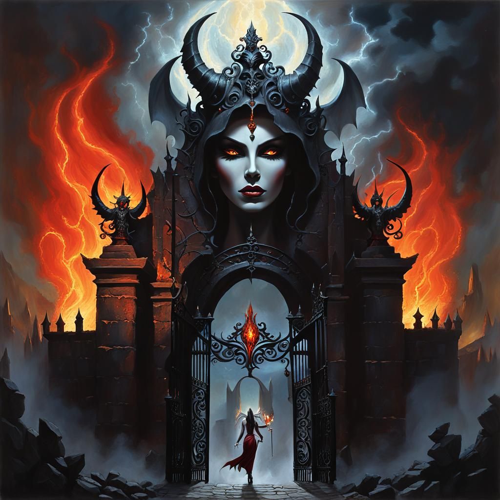 Demonic Guardian at Inferno's Gate: Impasto Oil Painting