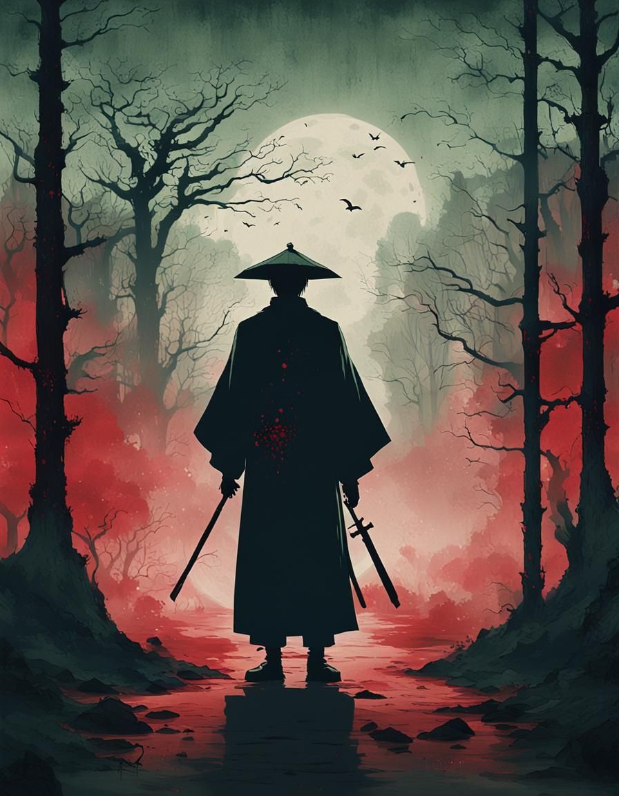 Eerie Japanese Macabre Figure in Crimson Shadows