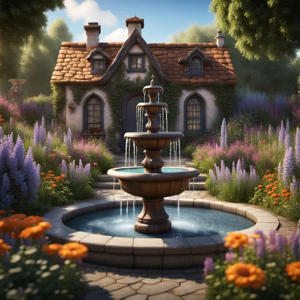 Cottage Garden with Flower Fountain: Fantasy Art