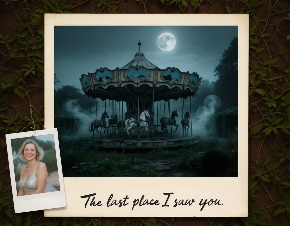 Eerie Polaroid of Abandoned Carousel Under Full Moon