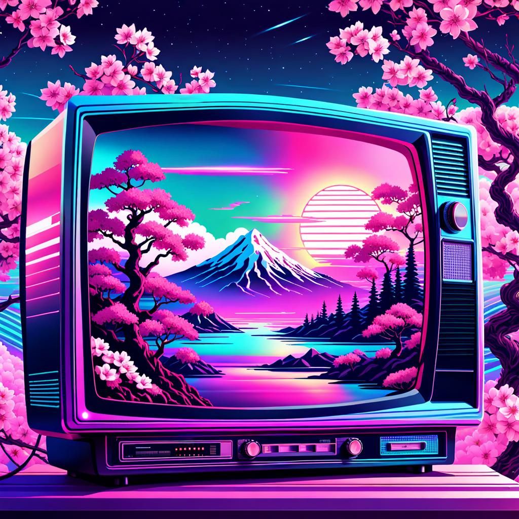 Vaporwave TV in Japanese Landscape with Neon Sunset