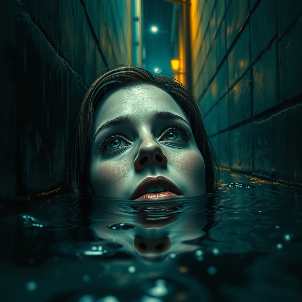 Woman's Desperate Gaze in a Rain-Soaked Alleyway, Hyperdetai...