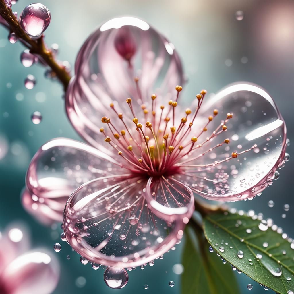 Glass Cherry Blossom Flower with Water Droplets