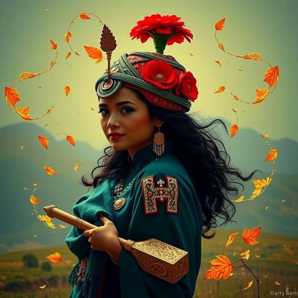 Vibrant Botanic Landscape with Gilded Trees and Mountains