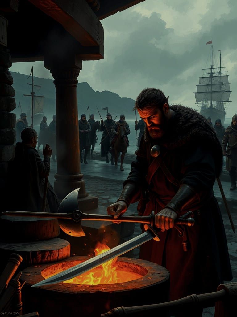 Scottish Blacksmiths Prepare for War: Impressionist Painting