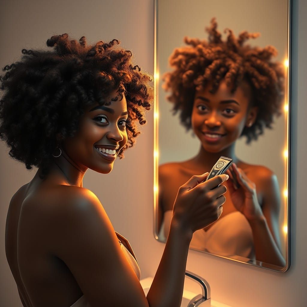 A Woman Cuts Her Afro in a Futuristic Bathroom