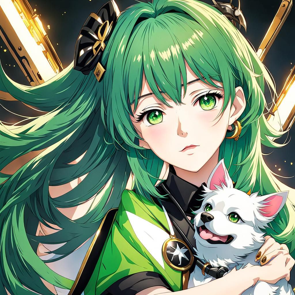 Anime Girl with Green Hair and Dog