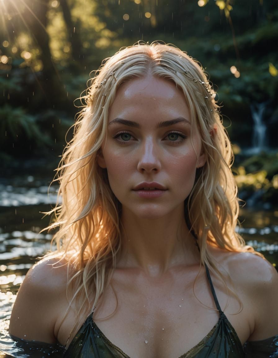 Nymph Emerges from Pond in Cinematic Sunlight