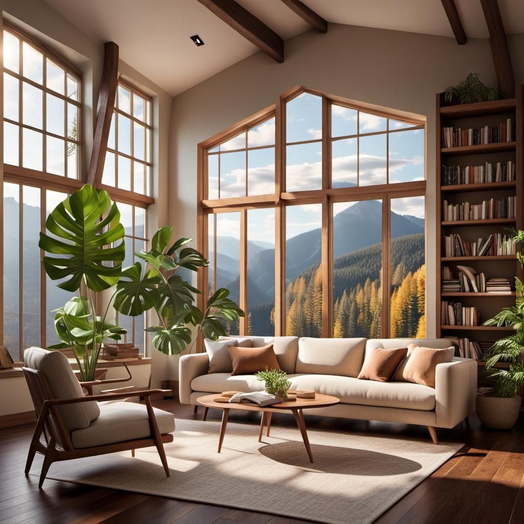 Cozy Room with Mountain View and Beige Sofa
