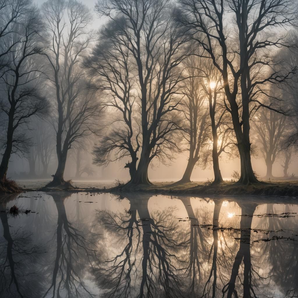 Winter Landscape with Reflected Trees in Golden Sunlight
