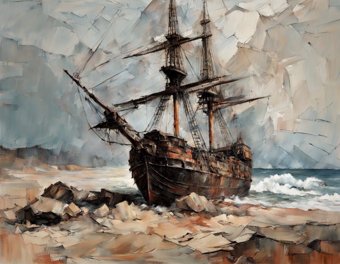 Old Spanish Galleon Wrecked on Tropical Beach
