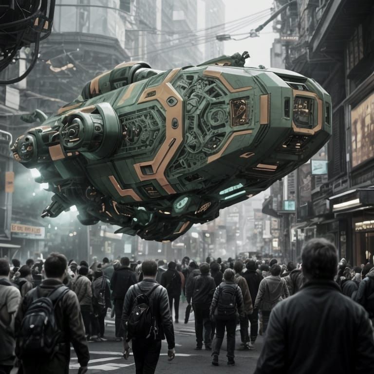 Intricate Cyber Techno Spaceship on Crowded Street