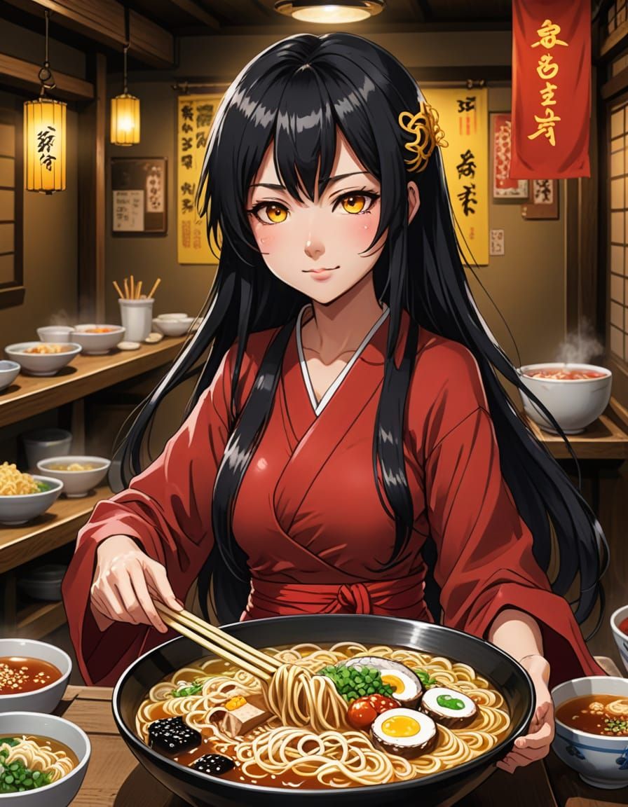 Anime Girl Slurping Ramen in Dimly Lit Shop