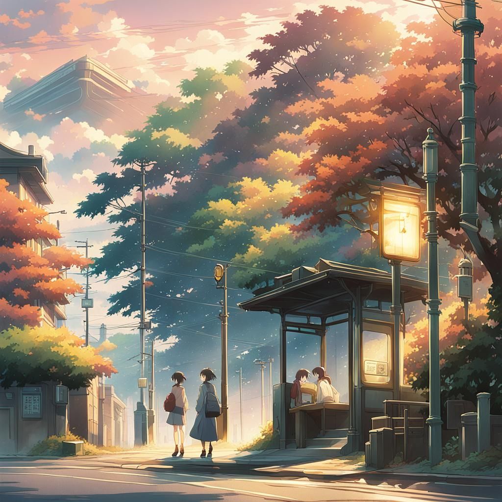 Anime Girls at Bus Stop in Autumn Sunrise