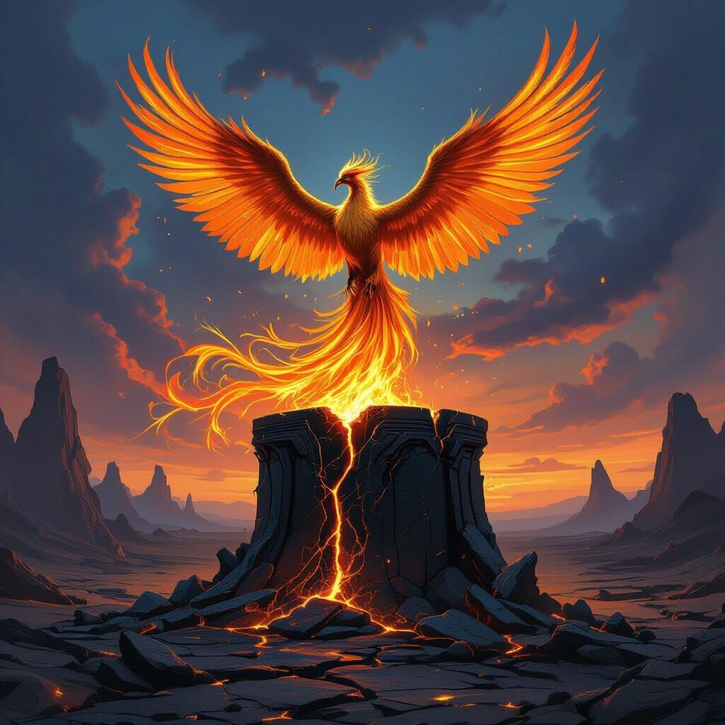 Phoenix Rising from Obsidian Altar in Epic Fantasy Style