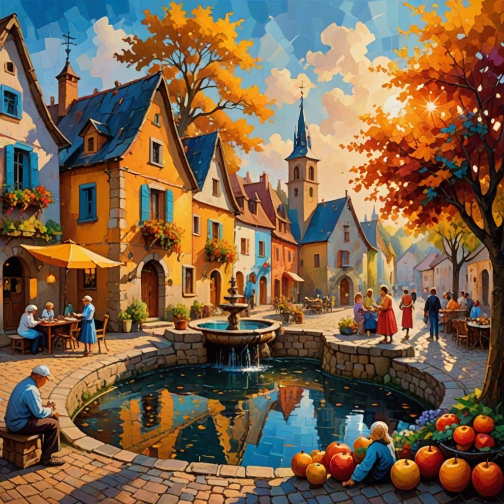 Vibrant Village Fountain in Impressionist Style