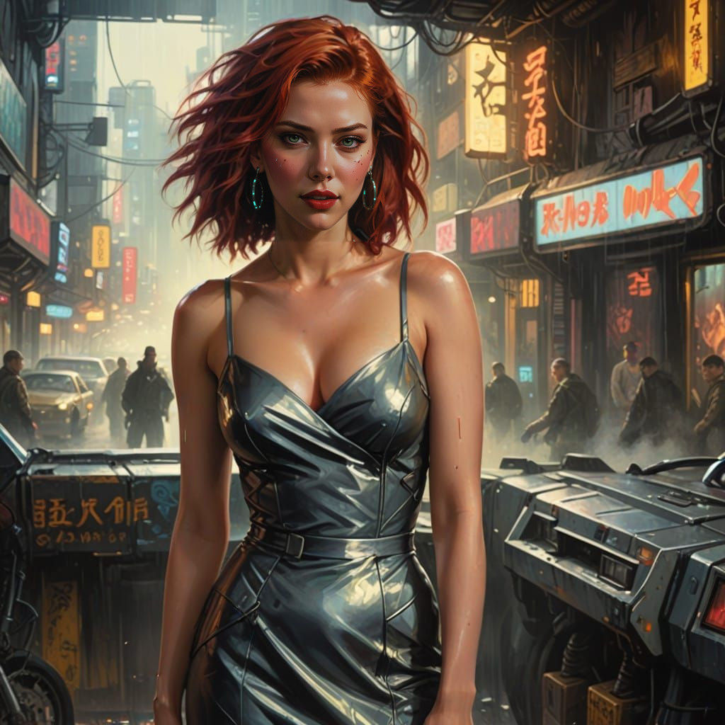 Gritty Femme Fatale in Cyberpunk Cityscape
