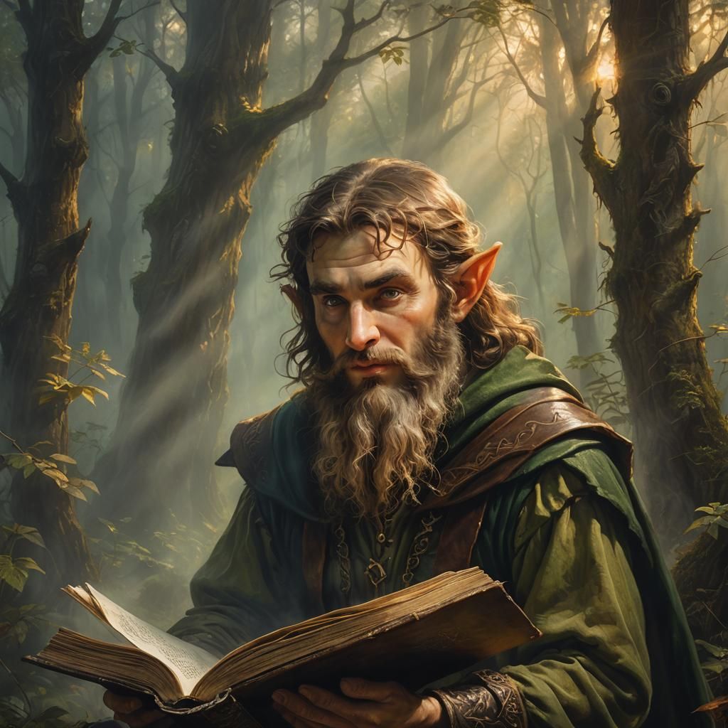Bearded Elf Reading in Misty Forest: Oil Painting