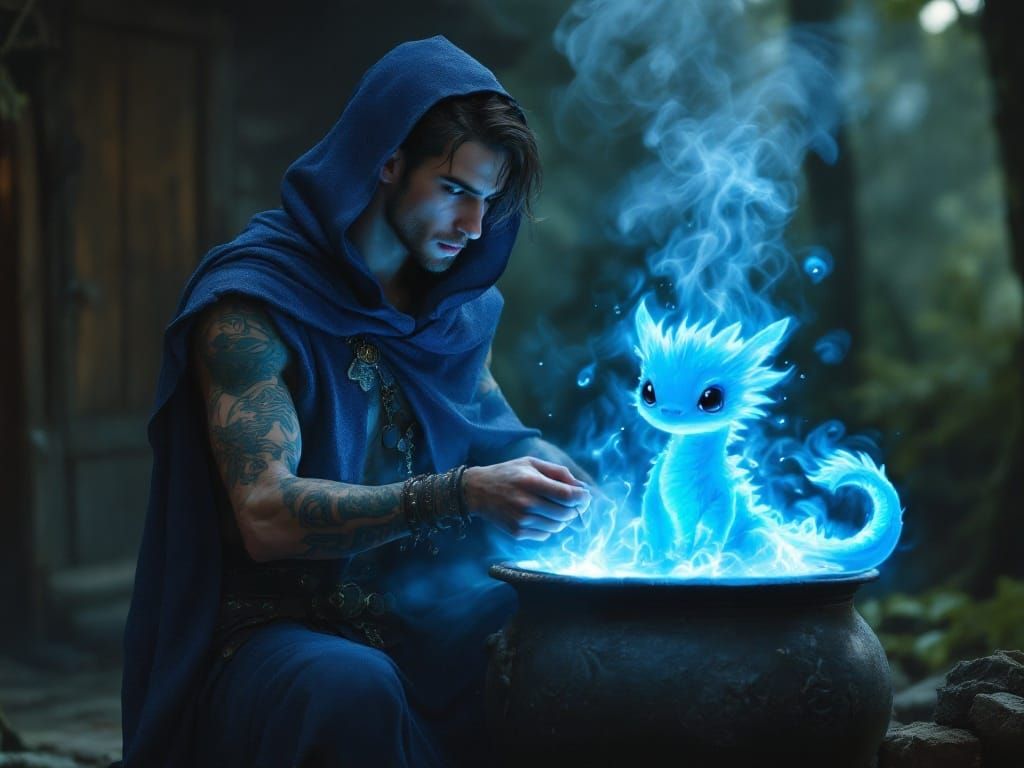 Mystical Wizard Conjures Blue Dragon