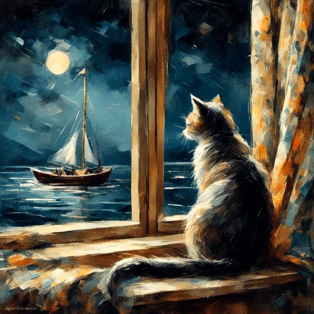 Cat Watching Boats at Night From Window