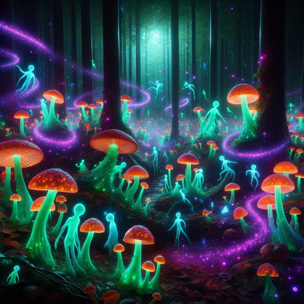 A panoply of malleable green spirits dancing amidst an abundance of  bodacious bioluminescent orange mushrooms