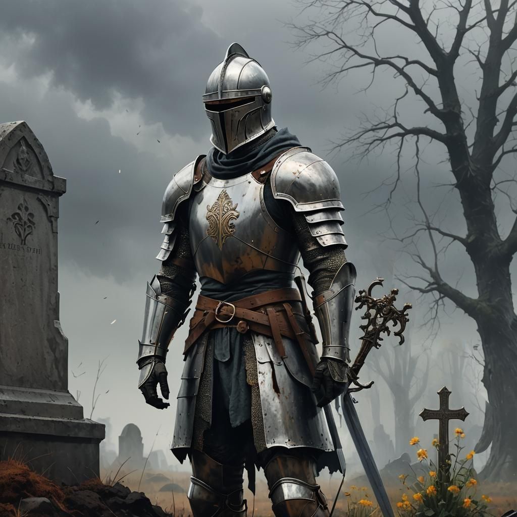 Knight Stands Vigil by Grave, a Single Tear