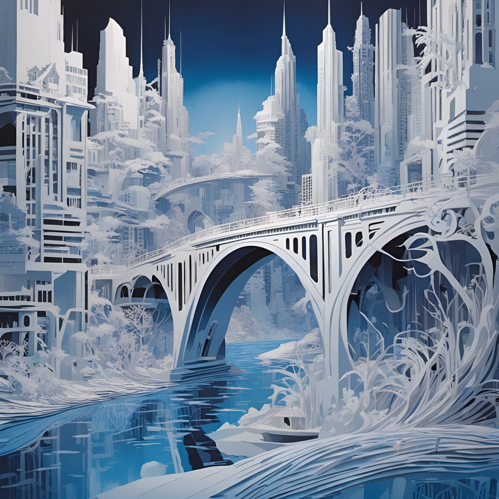 Paper Bridge Sculpture with City Skyline